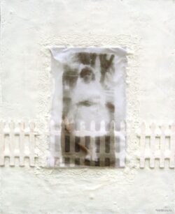 Kim Bruce, De-fence, 2006-7 Hand Pulled Print on chiffon, Fabric, Encaustic, Mini Rolling Pins, Mixed Media 16.5"x20.5" Framed Kim-Bruce_de-fence