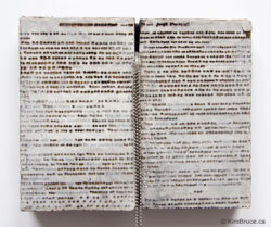 Henigman Bruce - These Chains- Encaustic, book pages, chain, needles on board 8.5"w x 20"h x 1.5"d Henigman Bruce - These Chains