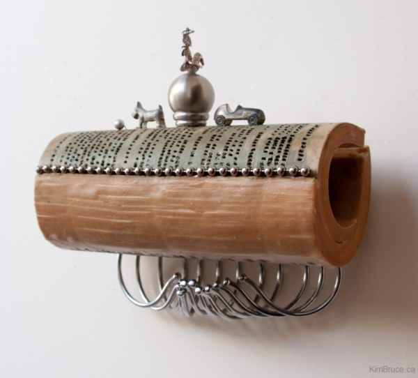 A Dog, A Rooster and a Car, Encaustic, oil and found objects on a book, 7"w x 6.5"h x 3.5"d Henigman Bruce - A Dog, A Rooster and a Car