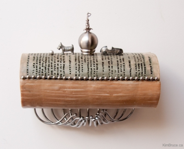 Henigman Bruce -A Dog, A Rooster and a Car, encaustic, oil and found objects on a book, 7"w x 6.5"h x 3.5"d Henigman Bruce - A Dog, A Rooster and a Car