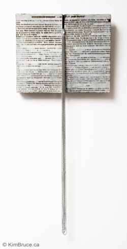Henigman Bruce - These Chains- Encaustic, book pages, chain, needles on board 8.5"w x 20"h x 1.5"d Henigman Bruce - These Chains