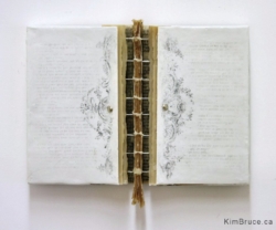 Henigman Bruce -Bound - Encaustic, book pages, string on board, 10"w x 7"h x 1.5"d, Sold Henigman Bruce - Bound