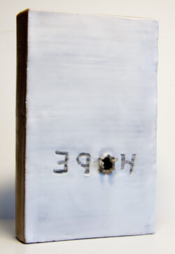 Henigman Bruce - Hope is a four letter word, encaustic on book, 4"w x 7"h x 1"d other side Kim Henigman Bruce - Hope is a four letter word (other side)