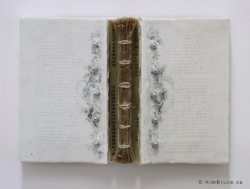 Henigman Bruce - Jacket- Encaustic, book pages, found objects on board 10"w x 7"h x 1.5"d Henigman Bruce - Jacket