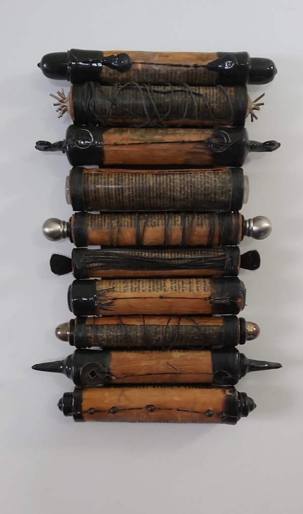 Scrollwork, 6x11x2 inches, Encaustic and found objects on books Kim Bruce - Scrollwork